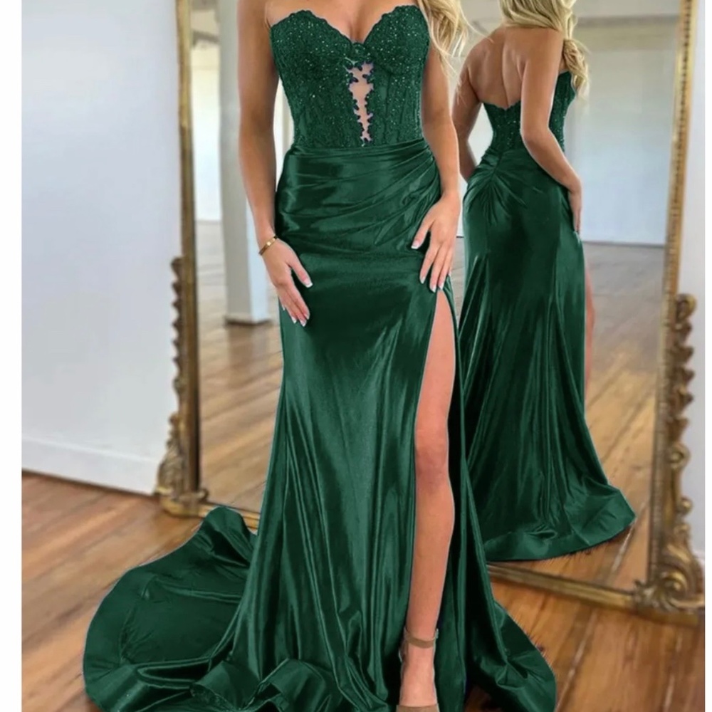 BERLIN NOVA Green Satin Sequin Beaded Lace Corseted Mermaid Prom Dress 2